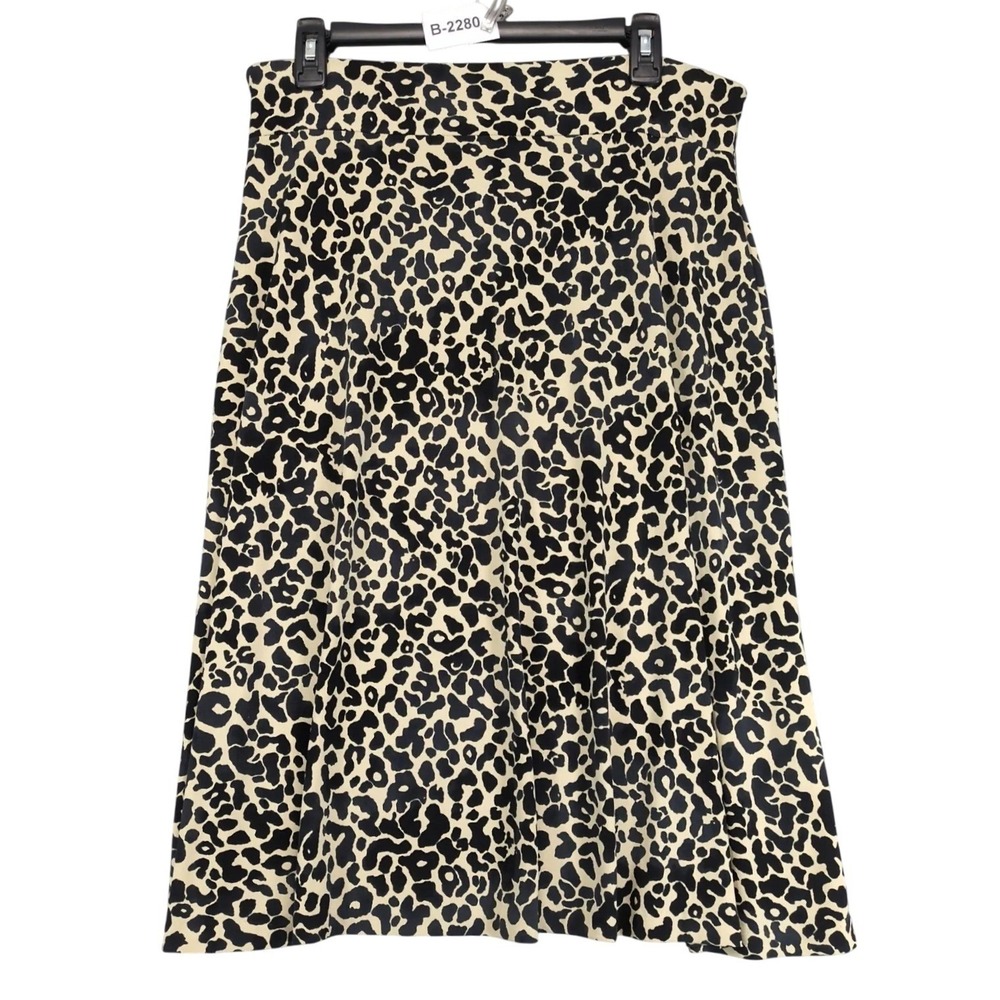 Jones Wear Leopard Animal Print A-Line Midi Skirt Sz PL Black Beige Stretch Y2K